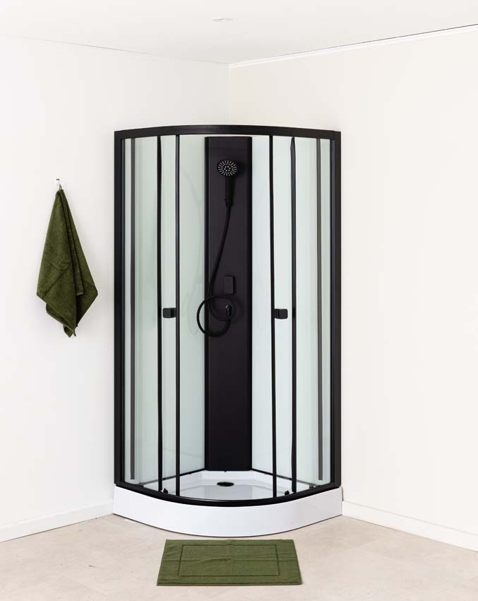 Cabine de douche Payton quart de rond noir/blanc avec porte coulissante 85x85x197.5cm Cabine de douche Payton quart de rond noir/blanc avec porte coulissante 85x85x197.5cm